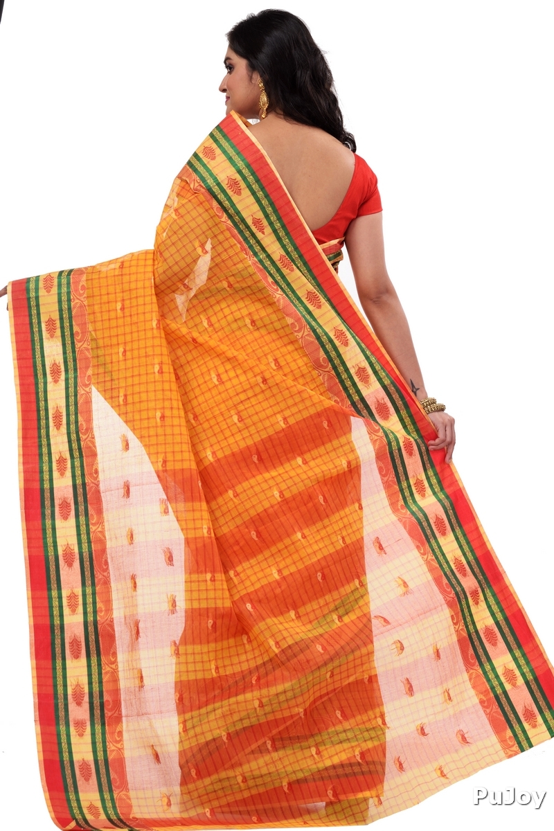 Yellow Pure Cotton ChakButi Tant Saree (125)